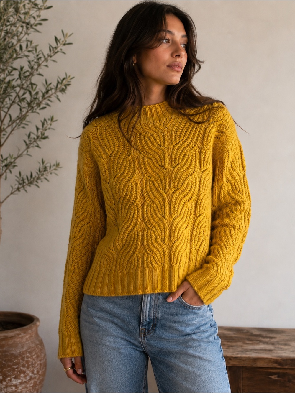 J.Crew Alpaca Cable Knit Sweater Mustard Yellow Scandi Cozy Luxe Sz S